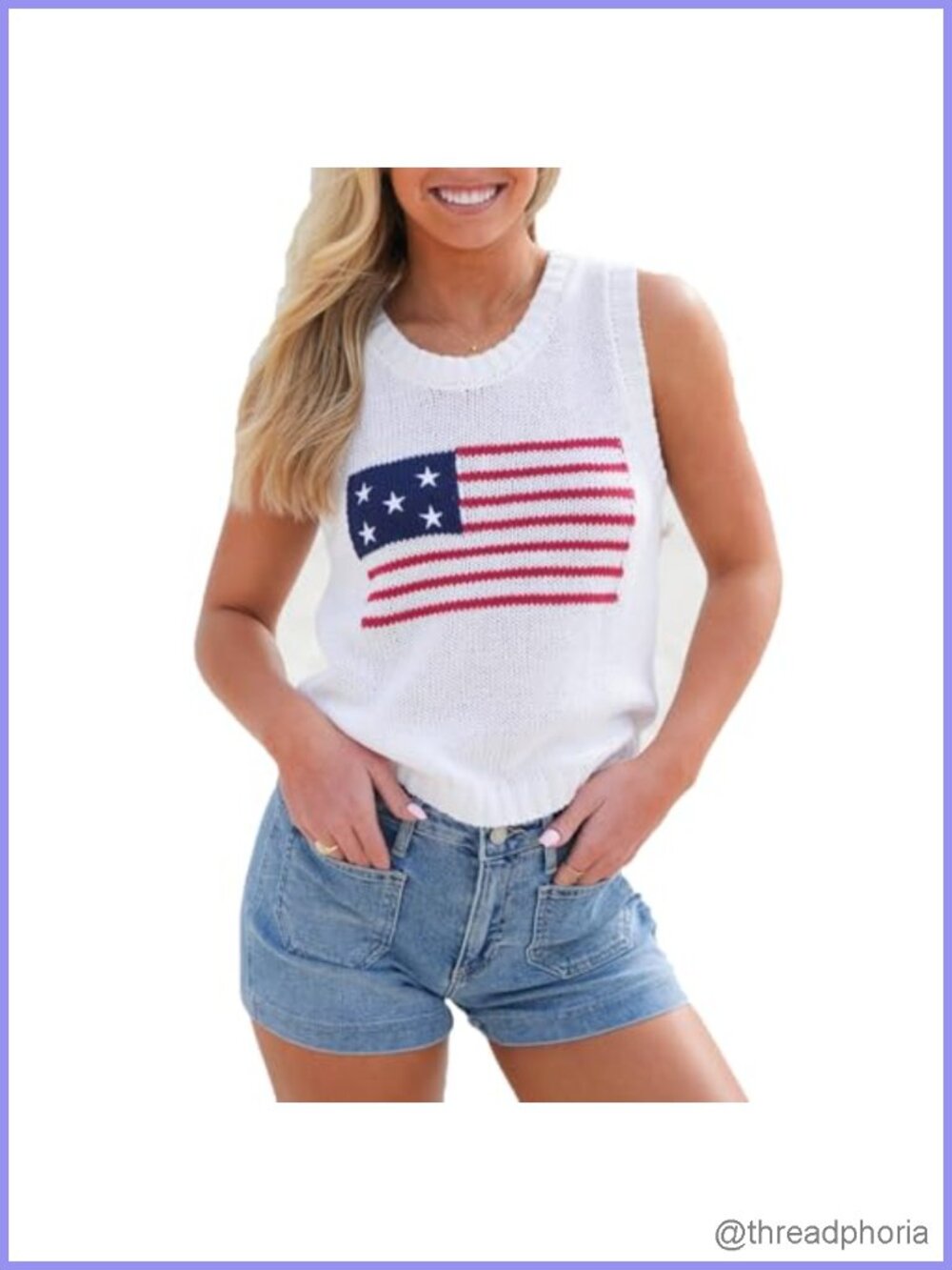 Sleeveless Cable Knit Crop Tank Top Patriotic Summer Sweater Vest